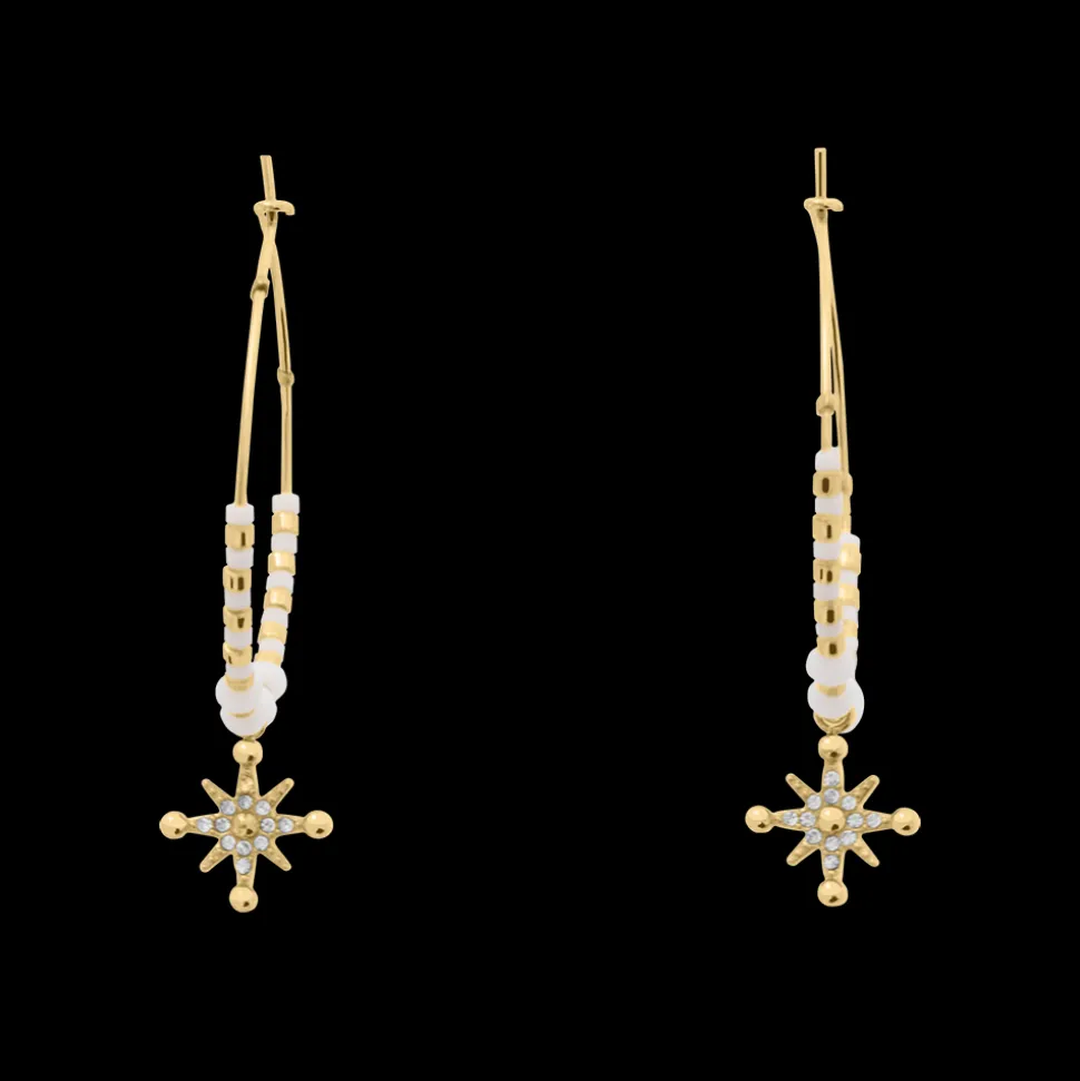 Boucles d'oreilles Créoles Femme ANTHAREA Acier Doré Perles Blanches
