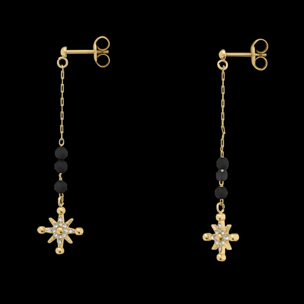 Boucles d'oreilles Pendantes Femme AUSTRALE Acier Doré Perles Noires