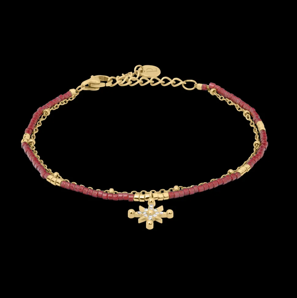 Bracelet Double Rang Femme ANTHAREA Acier Doré Perles Rouges