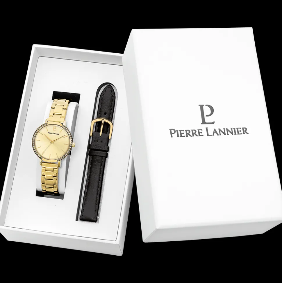 Coffret Femme CHOUQUETTE Doré Cadran Doré Bracelet Cuir Noir 12 MM