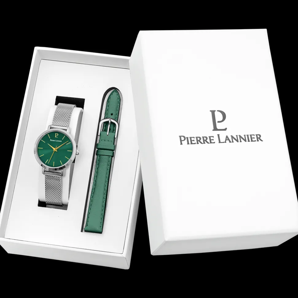 Coffret Femme CHOUQUETTE Argenté Cadran Vert Bracelet Cuir Vert 12 MM