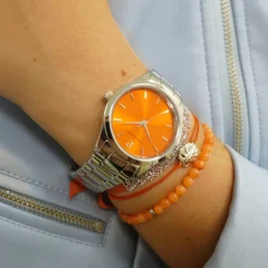 Coffret Femme ROXANE Cadran Orange Bracelet Acier Argenté