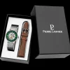 Coffret Homme AUTOMATIC Argenté Cadran Vert Bracelet Cuir Brun 20 MM