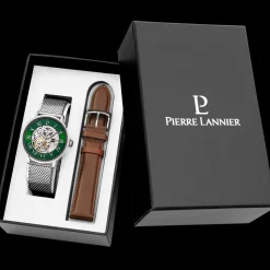 Coffret Homme AUTOMATIC Argenté Cadran Vert Bracelet Cuir Brun 20 MM