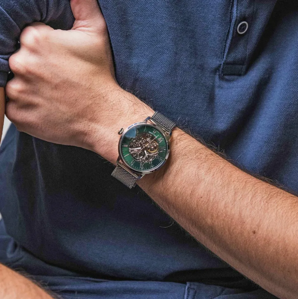 Coffret Homme AUTOMATIC Argenté Cadran Vert Bracelet Cuir Brun 20 MM