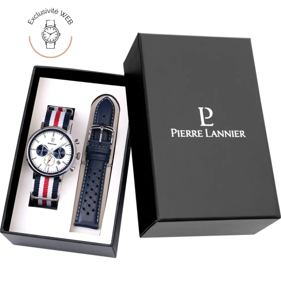 Coffret Homme BARON Argenté Cadran Blanc Bracelet Nylon Multicolore 20 MM
