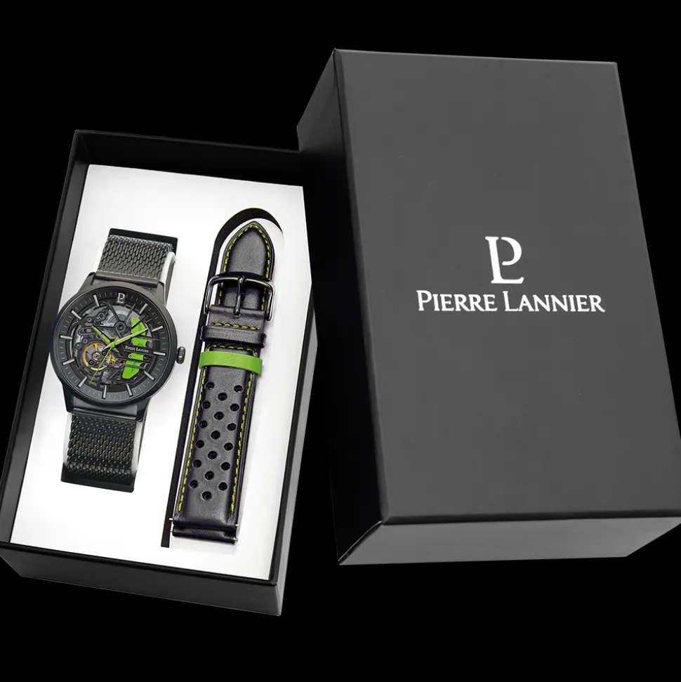 Coffret Homme PADDOCK Cadran Noir Bracelet Cuir perforé Noir