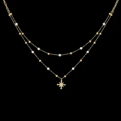 Collier Double Rang Femme AUSTRALE Acier Doré Perles Roses