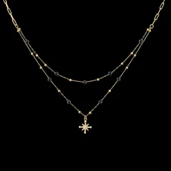 Collier Double Rang Femme AUSTRALE Acier Doré Perles Noires