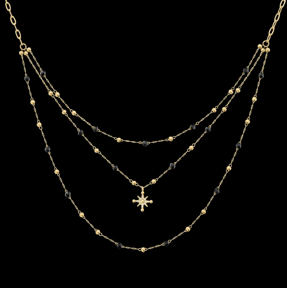 Collier Triple Rang Femme AUSTRALE Acier Doré Perles Noires