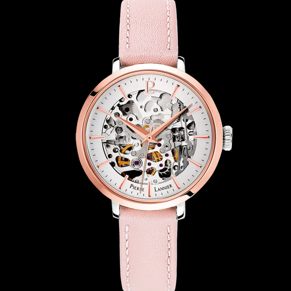 Montre Femme AUTOMATIC Cadran Argenté Bracelet Cuir Rose