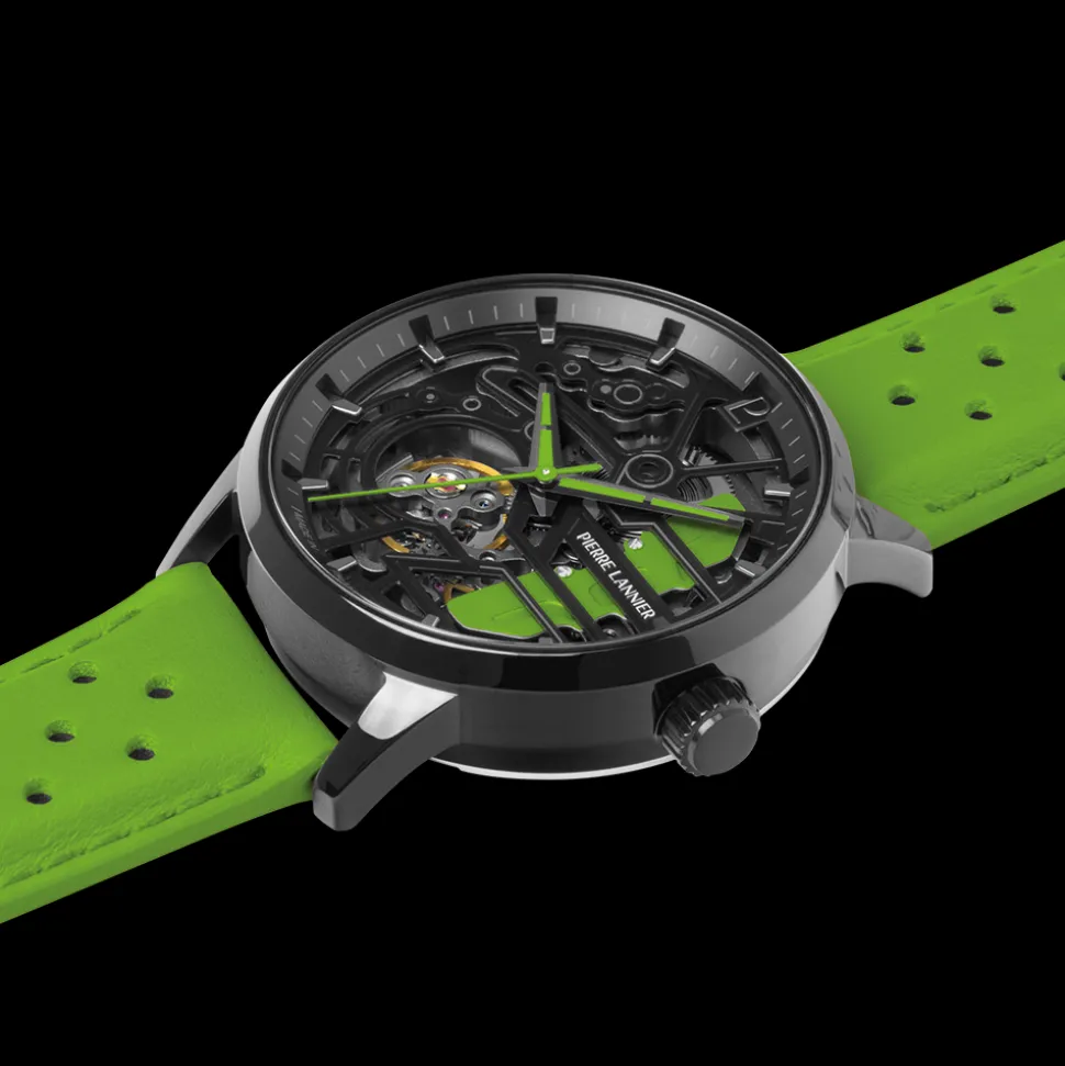 Montre Femme PADDOCK Noir Cadran Noir Bracelet Cuir Vert 20 MM