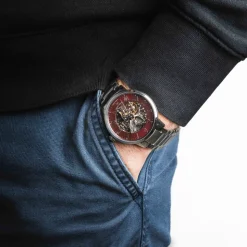Montre Homme AUTOMATIC Argenté Cadran Bordeaux Bracelet Acier Argenté 20 MM