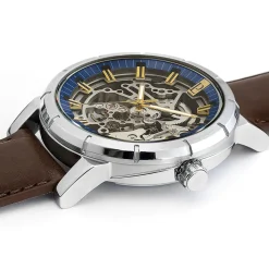 Montre Homme AUTOMATIC Cadran Bleu Bracelet Cuir Brun