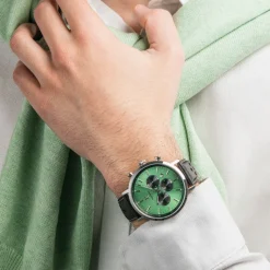 Montre Homme BARON Argenté Cadran Vert Bracelet Cuir perforé Noir 20 MM