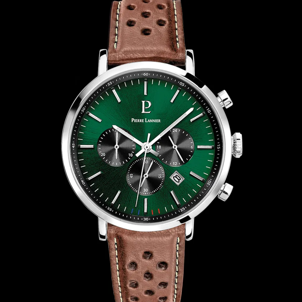 Montre Homme BARON Cadran Vert Bracelet Cuir Perforé Brun