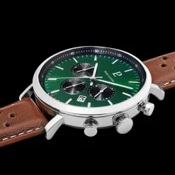 Montre Homme BARON Cadran Vert Bracelet Cuir Perforé Brun