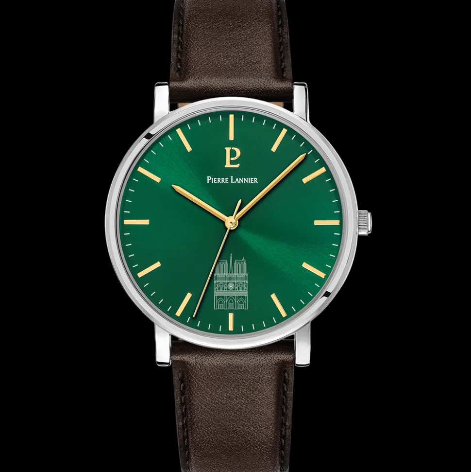 Montre Homme COEUR BATTANT Argenté Cadran Vert Bracelet Cuir Brun 20 MM