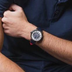 Montre Homme COEUR BATTANT Argenté Cadran Argenté Bracelet Cuir Bleu 20 MM
