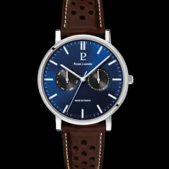Montre Homme ESSENTIAL Argenté Cadran Bleu Bracelet Cuir perforé Brun 20 MM