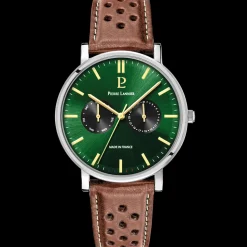 Montre Homme ESSENTIAL Argenté Cadran Vert Bracelet Cuir perforé Brun 20 MM