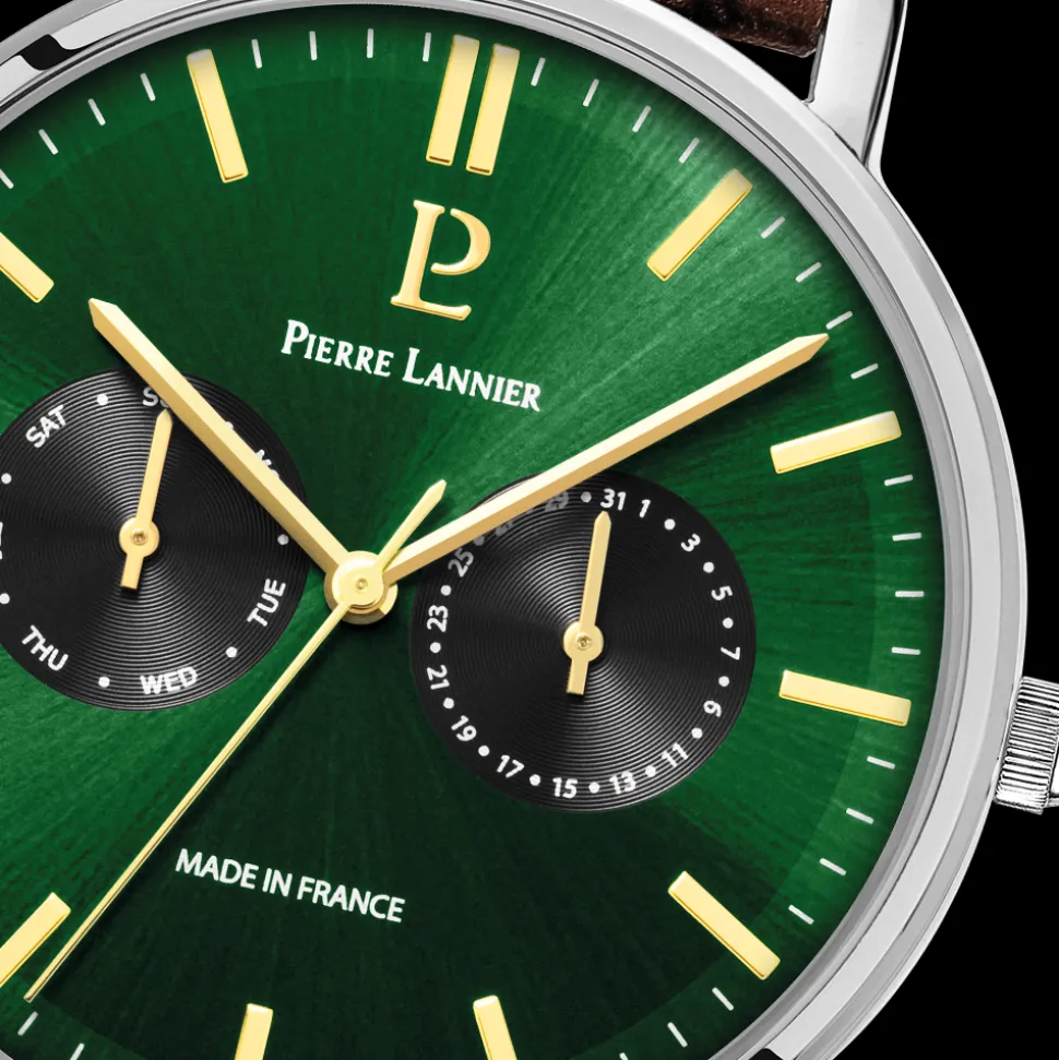 Montre Homme ESSENTIAL Argenté Cadran Vert Bracelet Cuir perforé Brun 20 MM