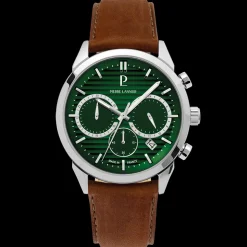 Montre Homme MONARCK Argenté Cadran Vert Bracelet Cuir Brun 22 MM