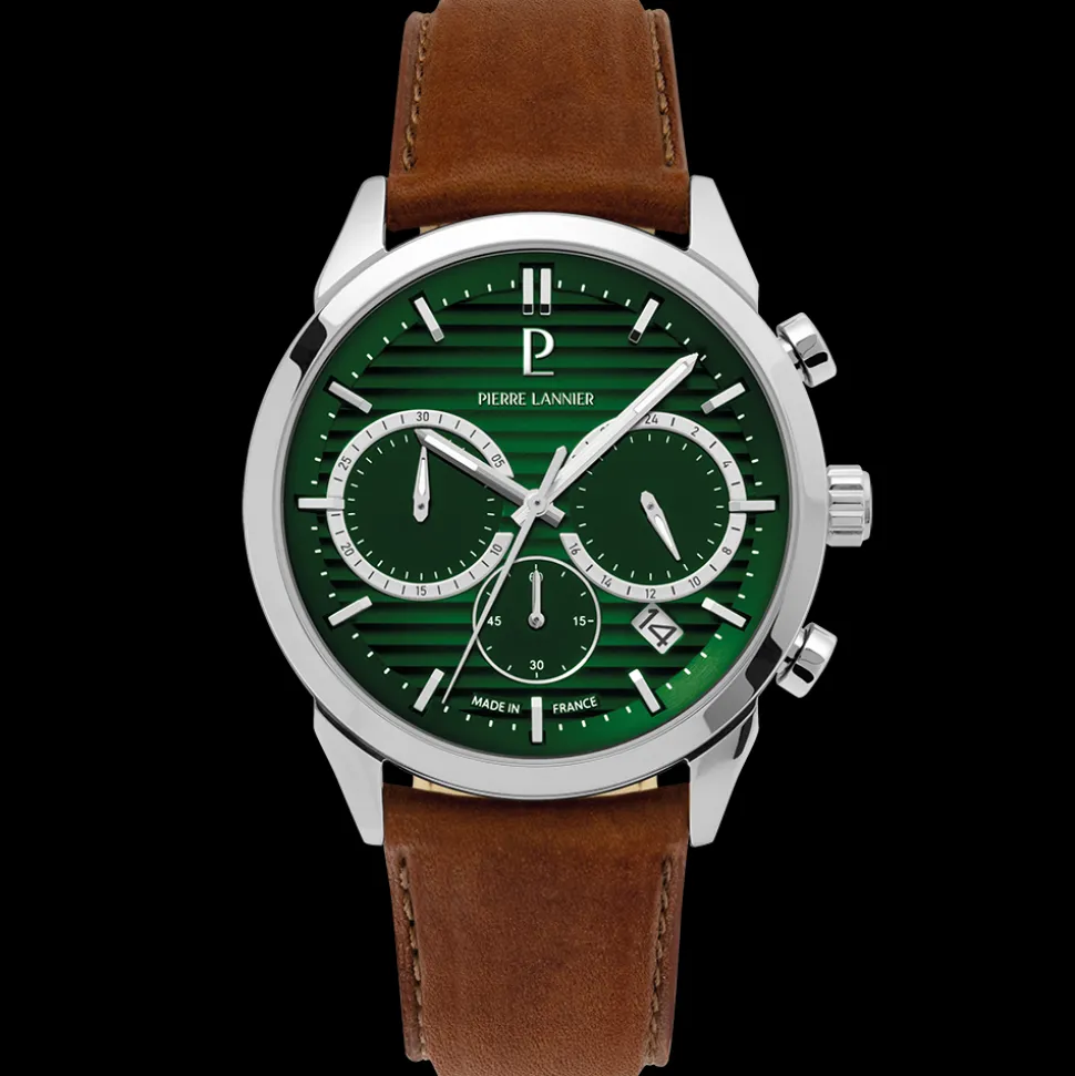 Montre Homme MONARCK Argenté Cadran Vert Bracelet Cuir Brun 22 MM