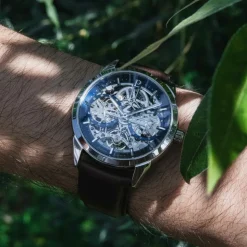 Montre Homme MONARCK Argenté Cadran Bleu Bracelet Cuir Brun 22 MM