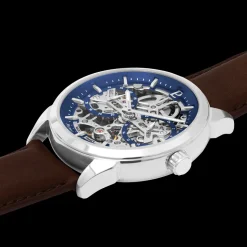 Montre Homme MONARCK Argenté Cadran Bleu Bracelet Cuir Brun 22 MM