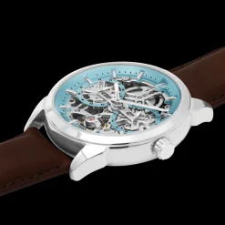 Montre Homme MONARCK Argenté Cadran Bleu Bracelet Cuir Brun 22 MM