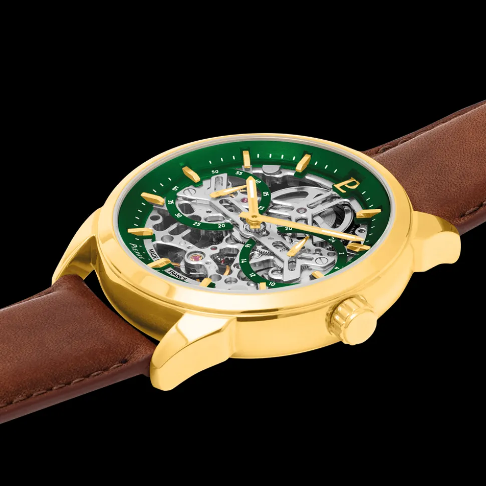 Montre Homme MONARCK Doré Cadran Vert Bracelet Cuir Brun 22 MM