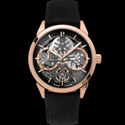 Montre Homme MONARCK Doré-rose Cadran Noir Bracelet Cuir Noir 22 MM