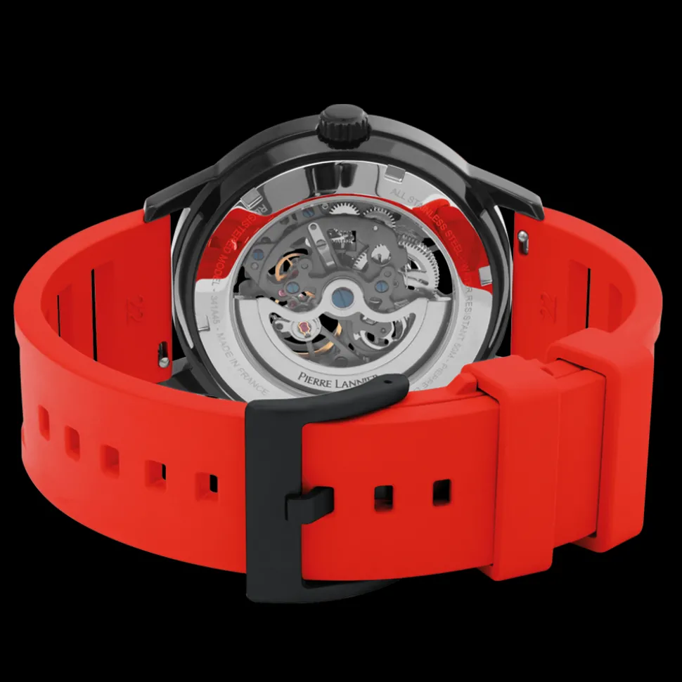 Montre Homme PADDOCK Noir Cadran Noir Bracelet Caoutchouc Rouge 22 MM
