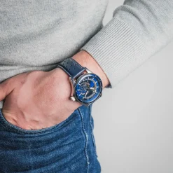 Montre Homme RCS Argenté Cadran Bleu Bracelet Cuir Bleu 22 MM
