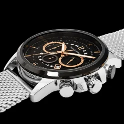 Montre Homme SENTINELLE Cadran Noir Bracelet Acier milanais Argenté