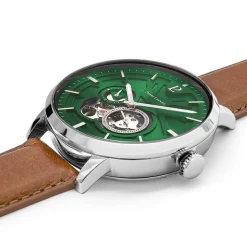 Montre Homme TRIO Argenté Cadran Vert Bracelet Cuir Brun 20 MM