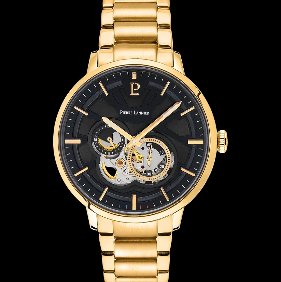 Montre Homme TRIO Cadran Noir Bracelet Acier Doré